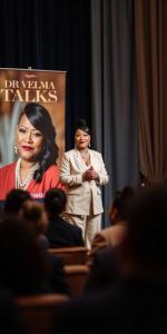 Dr. Velma Bagby in beige suit speaking