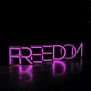 A neon sign that says Freedom.