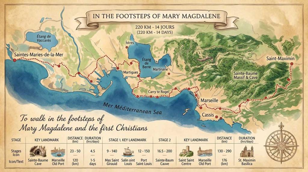 A vintage-style illustrated pilgrimage map of Southern France titled "In the Footsteps of Mary Magdalene and the first Christians." Painted on aged parchment, the map outlines a red dotted route starting from Saintes-Maries-de-la-Mer on the coast, winding through Marseille and Cassis, and heading inland into the mountains of the Sainte-Baume Massif & Cave, ending at Saint-Maximin.
