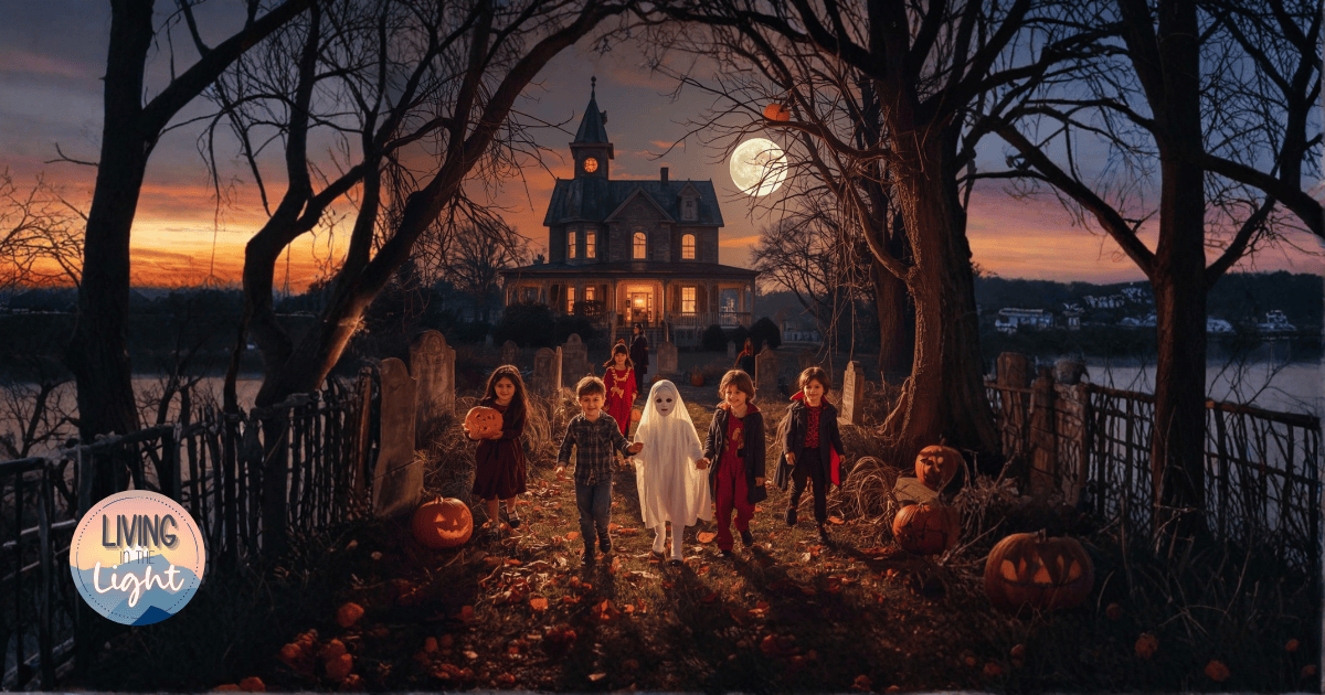 Children in Halloween costumes walking through a spooky tree-lined path toward a glowing house under a full moon.