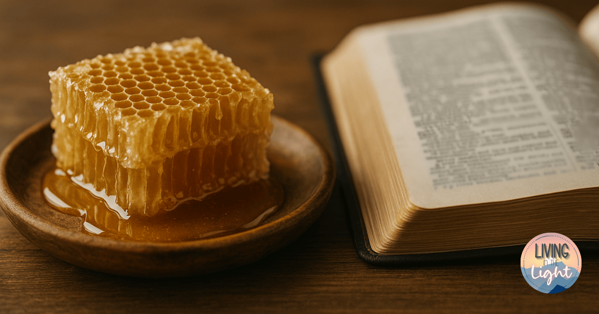 Golden honeycomb dripping with honey on a small wooden plate beside an open Bible on a rustic wooden table, softly lit to symbolize the sweetness of God’s Word.