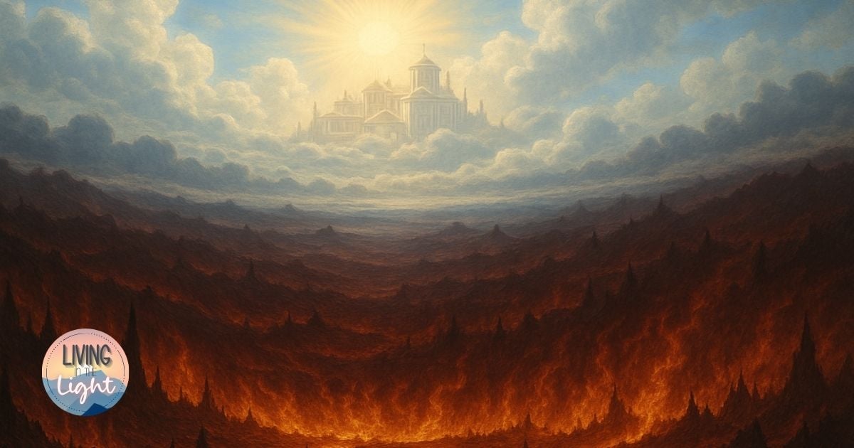 Christian artwork showing a fiery valley symbolizing hell at the bottom and a radiant city in the clouds symbolizing heaven at the top, divided by light and clouds, illustrating the contrast between eternal separation and eternal life.