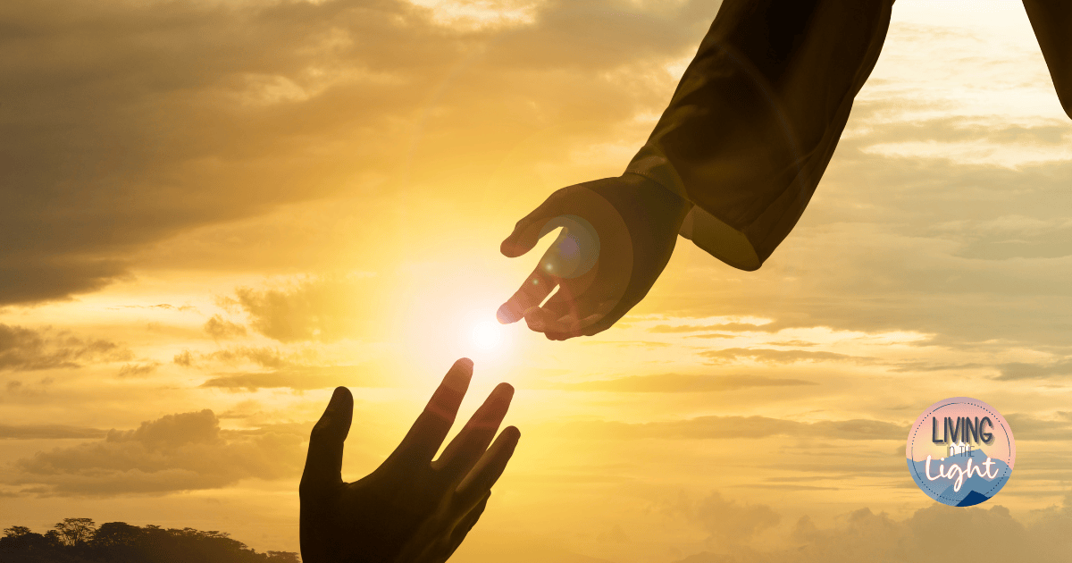 A radiant sunrise fills the sky as two hands reach toward each other — one symbolizing Christ extending grace, the other reaching up to receive it — representing God’s invitation to be adopted into His family.