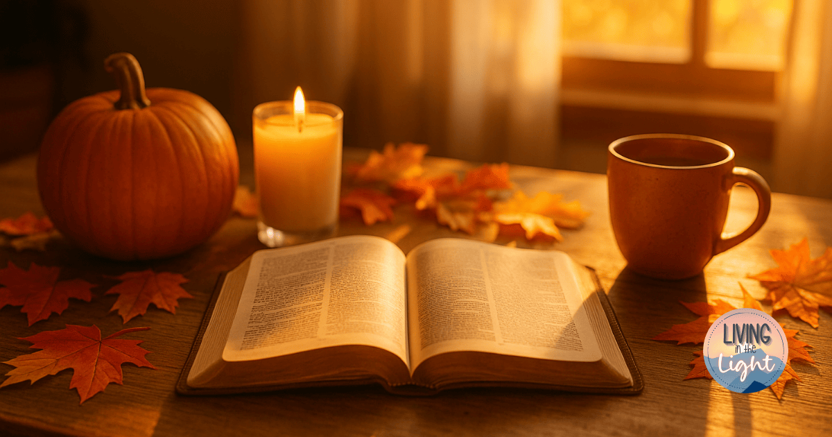 An open Bible sits on a wooden table surrounded by fall leaves, a lit candle, a pumpkin, and a warm mug in soft golden autumn light.