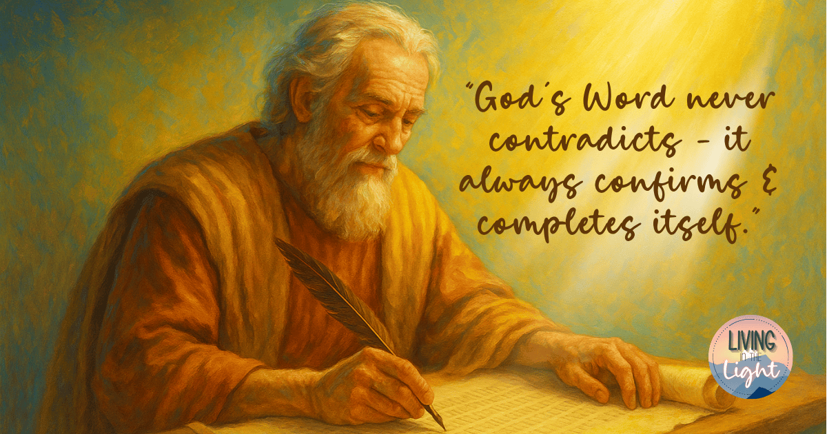 Elderly prophet writing on a scroll by divine light with quote “God’s Word never contradicts—it always confirms and completes itself.”