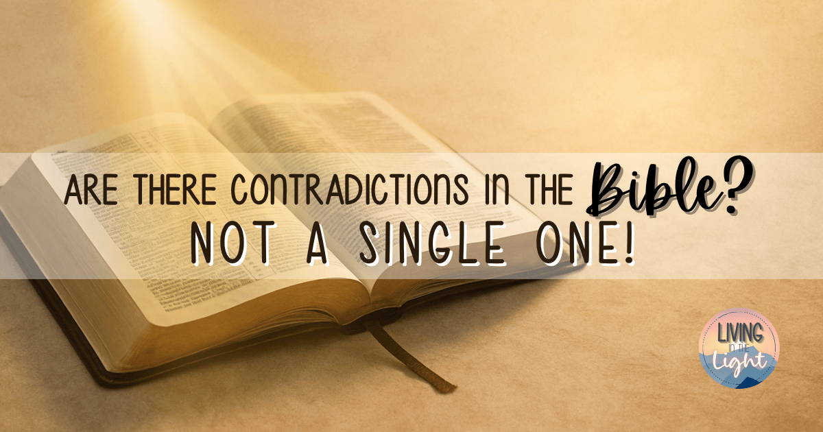Open Bible glowing under warm light with text overlay reading “Are there contradictions in the Bible? Not a single one!”