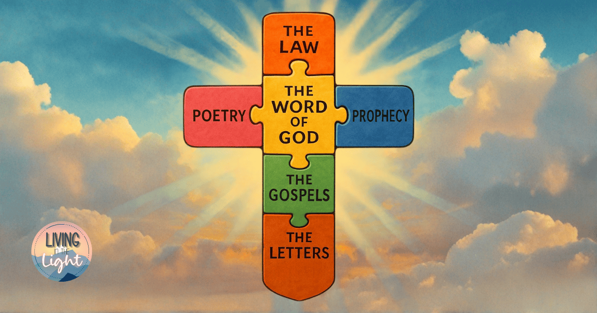 Colorful puzzle pieces form a glowing cross labeled with sections of Scripture: The Law, Poetry, Prophecy, The Gospels, The Letters, and The Word of God.
