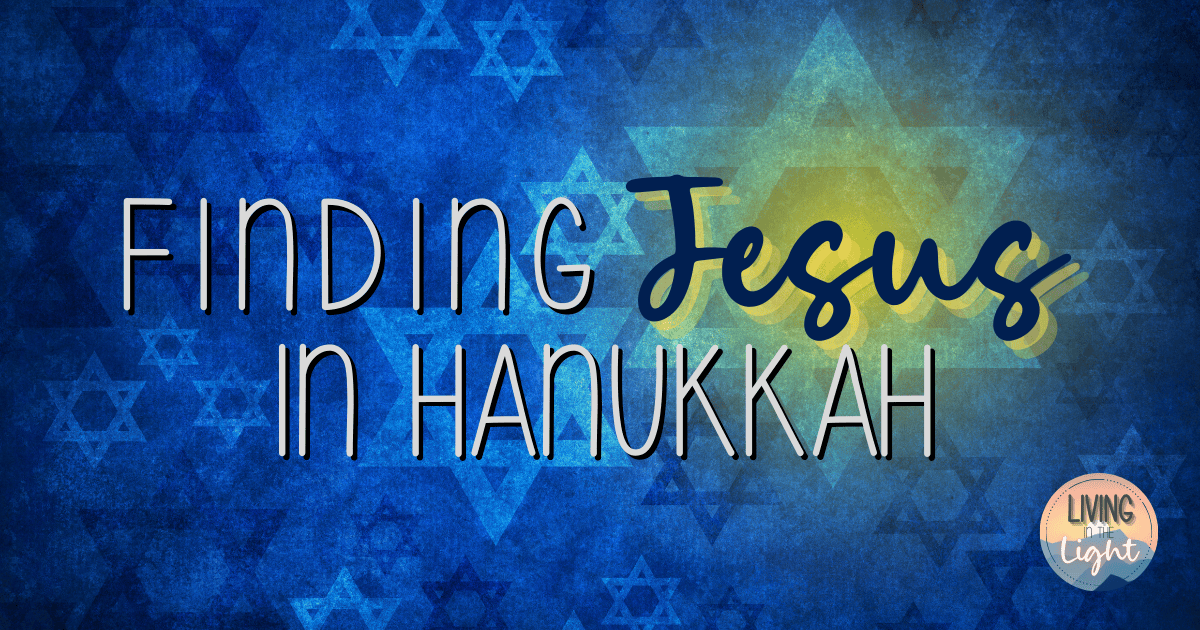 Blue Hanukkah-themed background with layered Stars of David and the title ‘Finding Jesus in Hanukkah,’ featuring the name Jesus highlighted with a glowing yellow light.