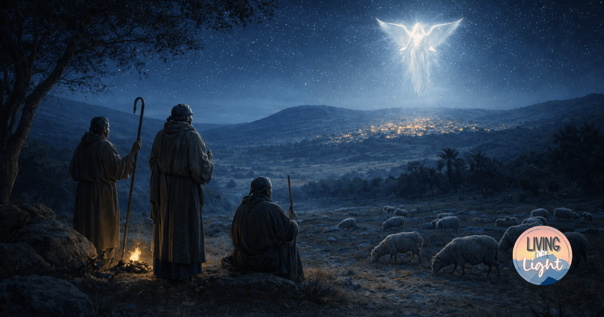 Shepherds watching their sheep at night as an angel appears in the sky announcing the birth of Jesus.