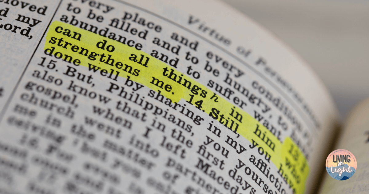 Bible page with Philippians 4:13 highlighted, emphasizing a single verse read apart from its surrounding context.