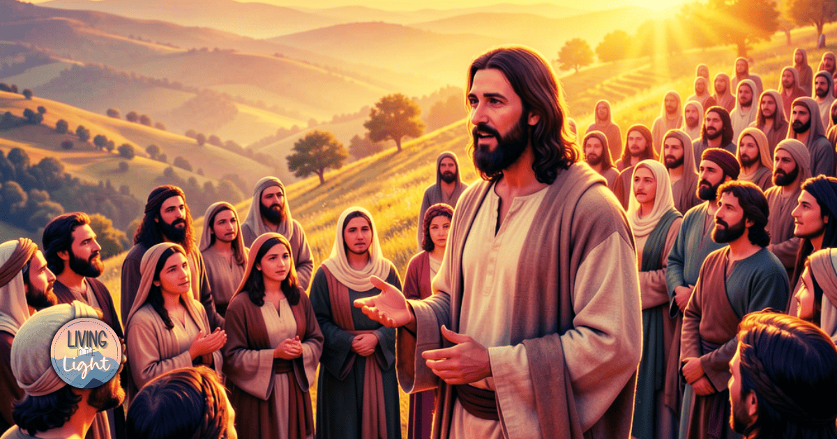 Jesus teaching a large crowd on a hillside during the Sermon on the Mount, with listeners gathered around Him in warm, golden light.