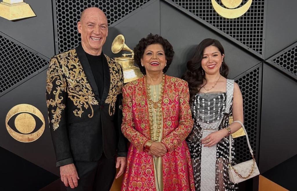 Chandrika Tandon (middle) and her collaborators on Wouter Kellerman and Eru Matsumoto, posing after receiving the Grammy.