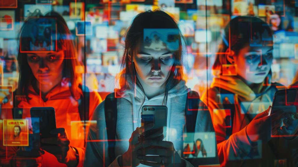 Young woman intensely absorbed in her smartphone, with reflections of social media feeds overlaid, symbolizing the inundation of digital information