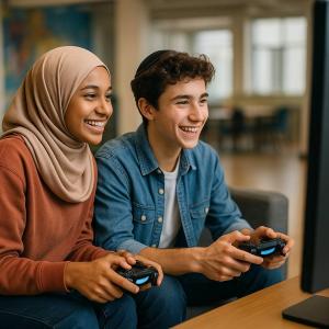 To youths play a video game and are happy.