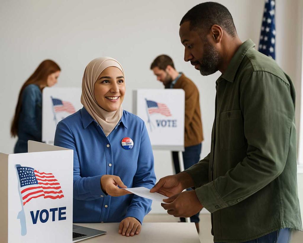 A muslim volunteer poll worker helps a citizen vote in an election. 