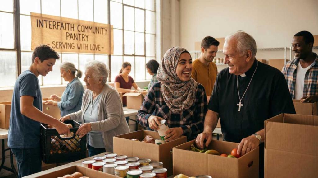 An interfaith community food bank where many faiths volunteer to feed the poor.