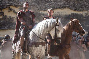 Clavius (Joseph Fiennes) and Lucius (Tom Felton) at the crucifixion of Yeshua.  Calvary. Image courtesy of Rosie Collins