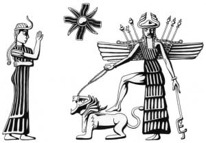 Inanna with two of her symbols, the lion and the eight-pointed Venus star.