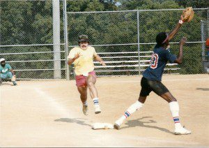 Playing in a low-level industrial league in 1985. I was out.