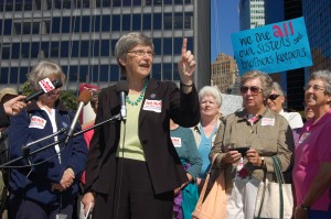 Sister Simone Campbell of "Nuns On The Bus" speaking in lower Manhattan.  Source: Thomas Altfather Good, 2012, Wikimedia C.C. 