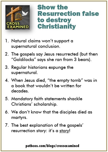 Show the Resurrection false to defeat Christianity 1. Natural claims won’t support a supernatural conclusion. 2. The gospels say Jesus resurrected (but then “Goldilocks” says she ran from 3 bears). 3. Regular historians expunge the supernatural. 4. When Jesus died, “the empty tomb” was in a book that wouldn’t be written for decades. 5. Mandatory faith statements shackle Christians’ scholarship. 6. We don’t know that the disciples died as martyrs. 7. The best explanation of the gospels’ resurrection story: it’s a story!