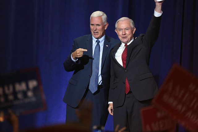 Governor Mike Pence of Indiana and U.S. Senator Jeff Sessions of Alabama speaking to supporters at an immigration policy speech hosted by Donald Trump at the Phoenix Convention Center in Phoenix, Arizona. Photo Source: Flickr Creative Commons by Gage Skidmore https://www.flickr.com/photos/gageskidmore/