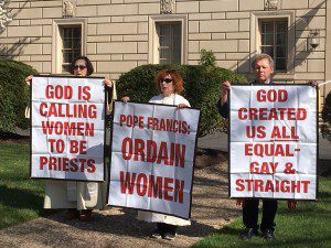 Roman Catholic Women Priests Jane Via and Janice Sevre-Duszynka and Roy Bourgeois protesting at the Vatican Embassy (photo credit: John Cooke)