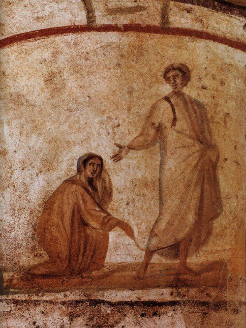 “Healing of a Bleeding Woman”, 4th Century Wall Painting, Unknown, via Wikimedia Commons