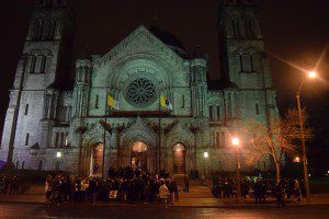 Vigil-keepers in the center, surrounded by police ranks