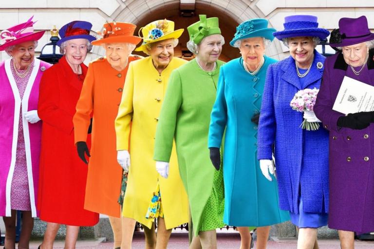 queen elizabeth II in different colored dresses