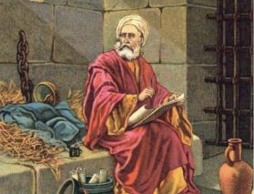 Apostle Paul in prison writing. providence lithograph co 1909