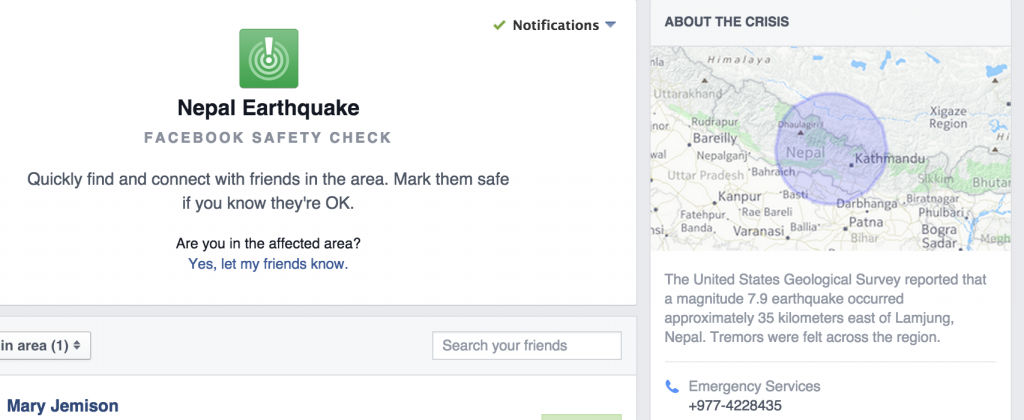 Screen capture of Facebook Safety Check system announcement for Nepal Earthquake