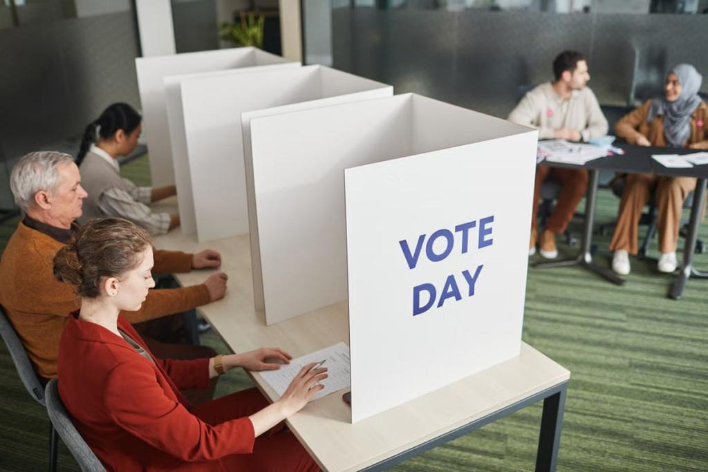 Three adults are sitting at voting booths filling out paper ballots.