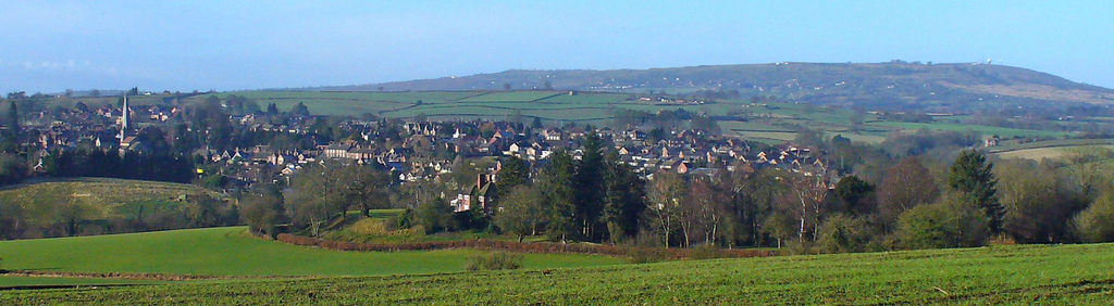 Cleobury Mortimer in the valley below Titterstone Clee on a sunny, clear day