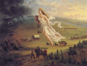 A white woman flies over the American West, white settlers following her, Native Americans fleeing in front.