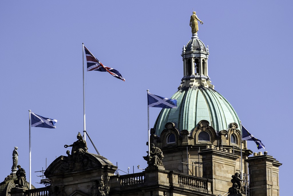 The Union Flag and two Saltires flying in Edinburgh on referendum day