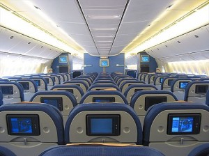 Economy seats in KLM widebody jet.