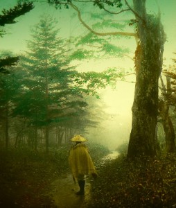 PILGRIM ON A FOREST ROAD -- Into the Mist of Old Japan, by Enami