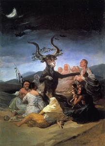 Francisco de Goya's Witches Sabbat (1789), which depicts the Devil flanked by Satanic witches. The Witch Cult hypothesis states that such stories are based upon a real-life pagan cult that revered a horned god