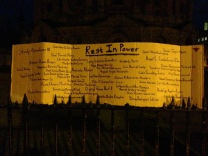 Rest in Power: names of the 49 victims of the Orlando Shooting. A placard at the Oxford vigil for Orlando. Photo by Yvonne Aburrow