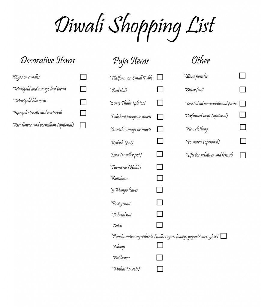 diwali shopping list