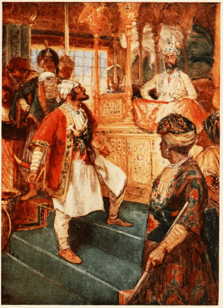 SIVAJI OPENLY DEFIES THE GREAT MOGHUL By Victor Surridge, Illustrations by A.D. Macromick - Romance of Empire India, Public Domain, Link