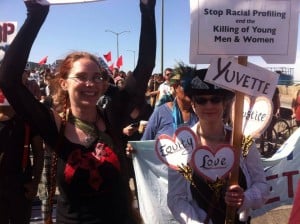 Solar Cross Temple, Coru Cathubodua, HUAR and other Pagans participating in today's May Day Solidarity march. (T. Thorn Coyle and Morpheus Ravenna and Luna Pantera in photo). Photo taken by Brennos.