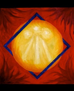 Painting of the sun on a red background