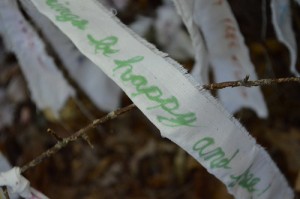 Strip of white cloth tied to a branch reading "all beings be happy and free"