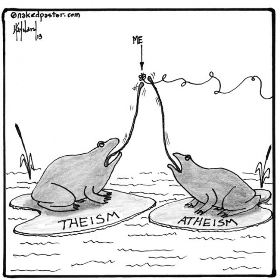 still alive between theism and atheism cartoon by nakedpastor david hayward