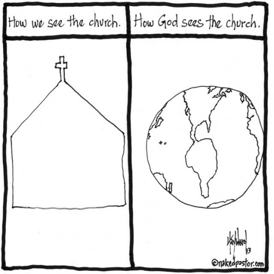 ground view and sky view of the church cartoon by nakedpastor david hayward