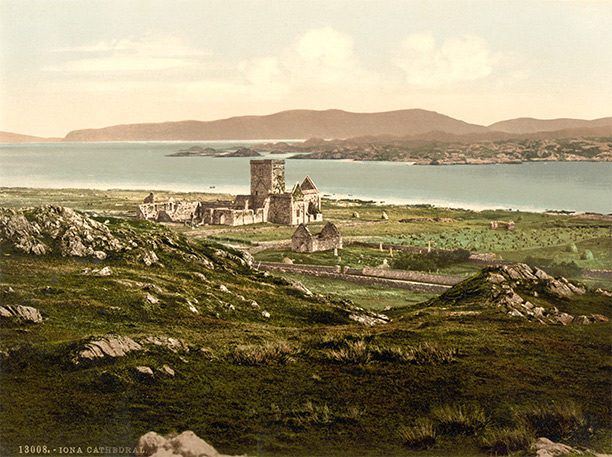 Iona Abbey (in a 19th-Century postcard) founded by Scotland's founding Christian missionary, Columcille