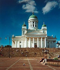 a public square behind which sits a church