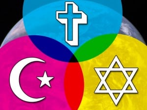 a Venn diagram showing intersections between circles labeld with a Christian cross, a Jewish start, and the Islamic crescent